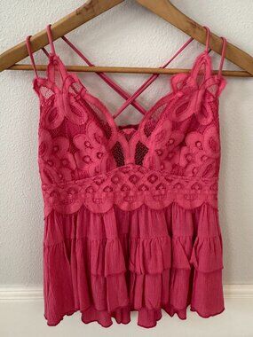 Zenana Lace Bodice Tiered Strappy Top | Coral Pink | Size L (Fits like a Small)